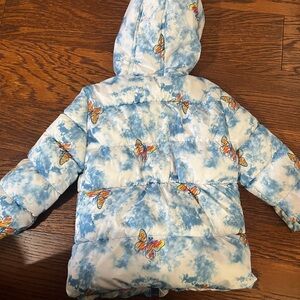 Pink Platinum Blue and White Butterfly Print Puffer Jacket for Kids